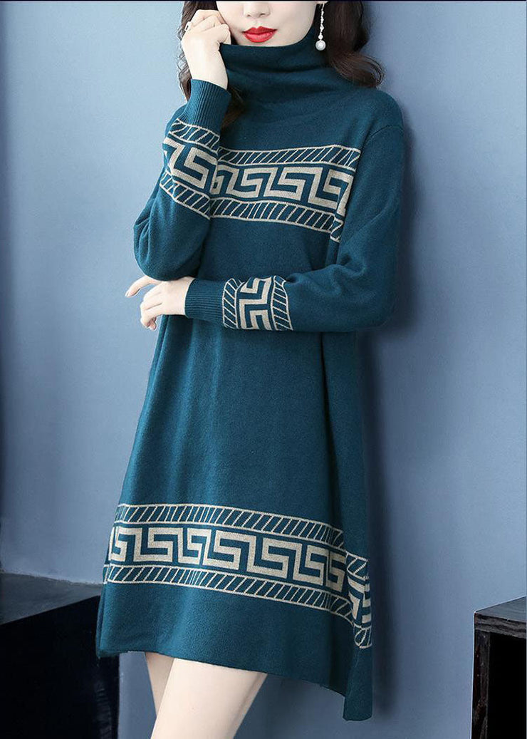 Boho Blue Turtle Neck Thick Print Long Sweater Long Sleeve