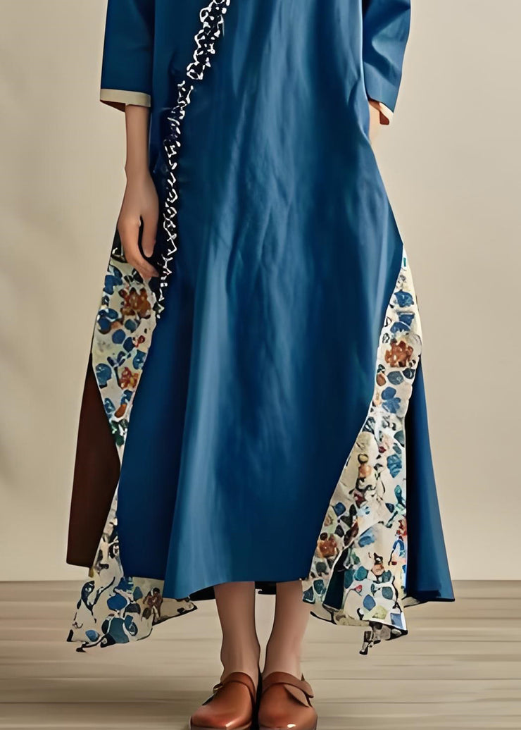 Boho Blue V Neck Asymmetrical Print Patchwork Cotton Dresses Summer