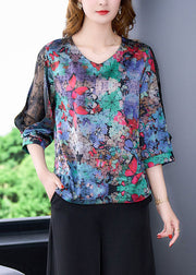 Boho Blue V Neck Butterfly Print Lace Patchwork Silk Shirt Half Sleeve