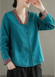 Boho Blue V Neck Embroidered Patchwork Linen Shirts Top Spring