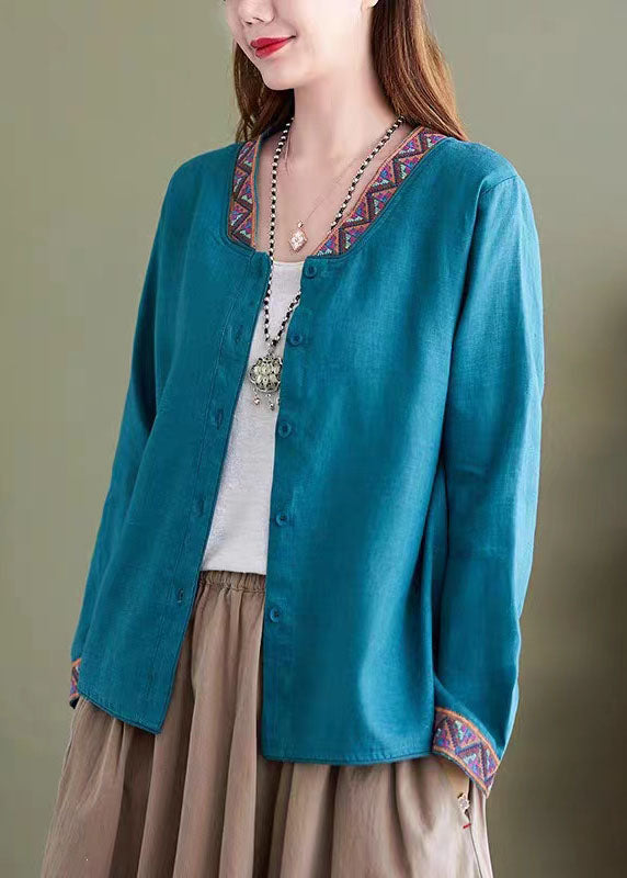 Boho Blue V Neck Embroidered Patchwork Linen Shirts Top Spring