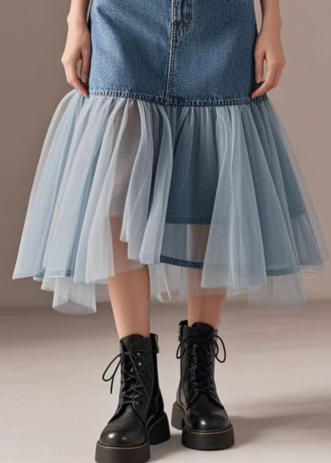 Boho Blue Wraped Patchwork Tulle Denim Skirts Spring