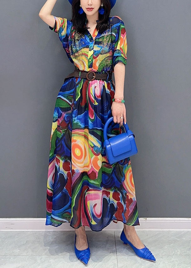 Boho Blue Wrinkled Print Patchwork Chiffon Shirts Dresses Summer