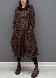 Boho Brown O-Neck Asymmetrical Print Top And Harem Pants Two Piece Set Fall