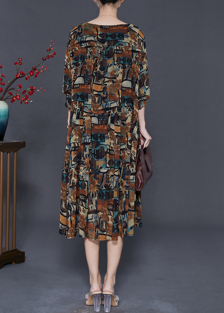 Boho Brown Oversized Print Chiffon Vacation Dresses Fall