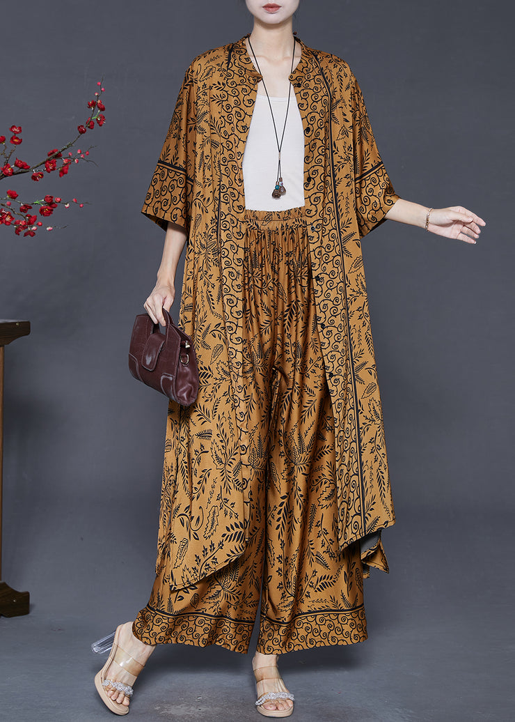 Boho Brown Oversized Print Silk Two Pieces Set Summer