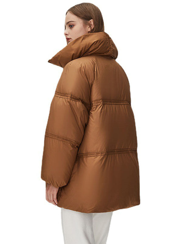 Boho Brown Stand Collar Zippered Thick Duck Down Puffer Jacket Winter