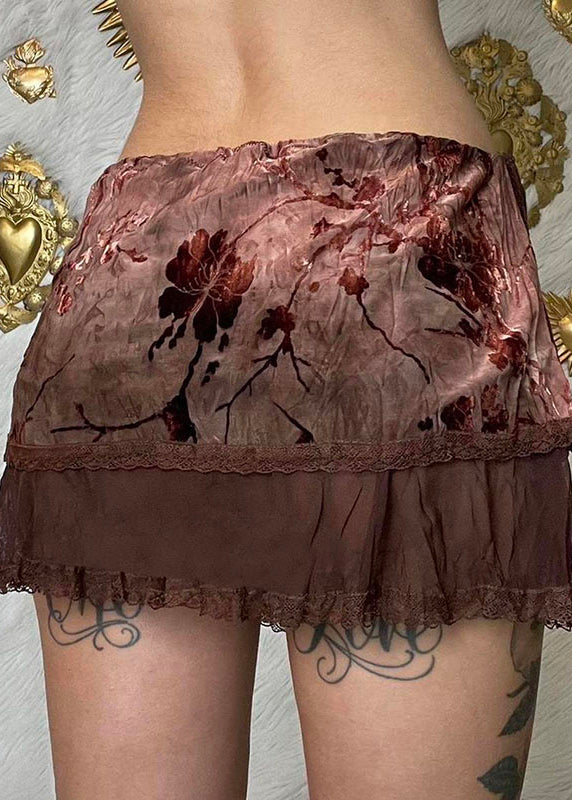 Boho Brown Tie Dye Print Drawstring Tulle Patchwork Skirt Summer