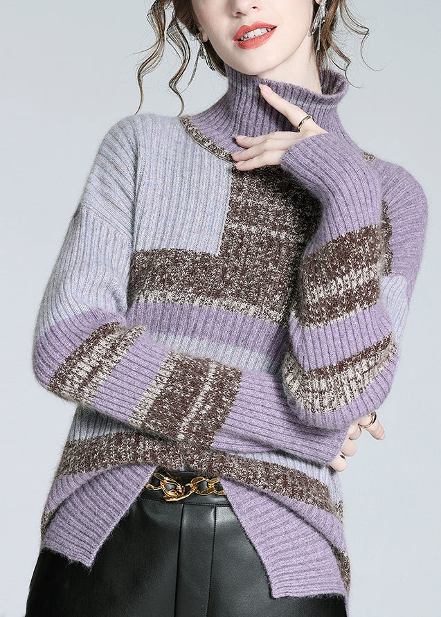 Boho Brown Turtleneck Patchwork Cashmere Knit Sweaters Winter