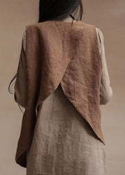 Boho Brown V Neck Asymmetrical Design Patchwork Linen Waistcoat Top Sleeveless