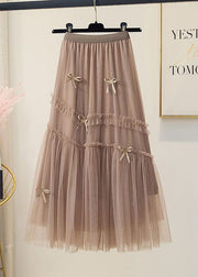 Boho Brown Wrinkled Patchwork Bow Tulle Skirt Spring