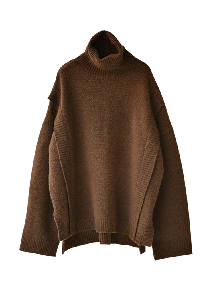 Boho Camel Colour O-Neck Side Open Low High Design Thick Cotton Knit Sweater Fall