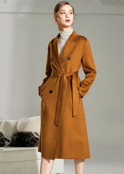 Boho Caramel Peter Pan Collar Sashes Woolen Double Breasted Coat Winter