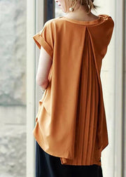 Boho Caramel V Neck Solid Chiffon T Shirt Short Sleeve