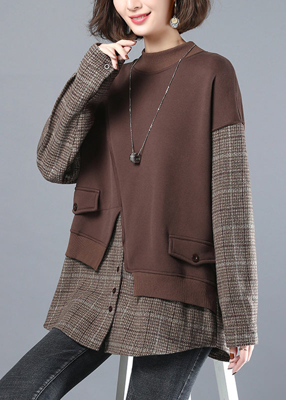 Boho Chocolate Colour O-Neck Patchwork Fake Two Pieces Sweatshirt Long Sleeve