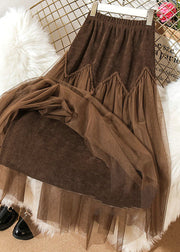 Boho Chocolate High Waist Patchwork Corduroy Wrinkled Tulle Skirt Spring