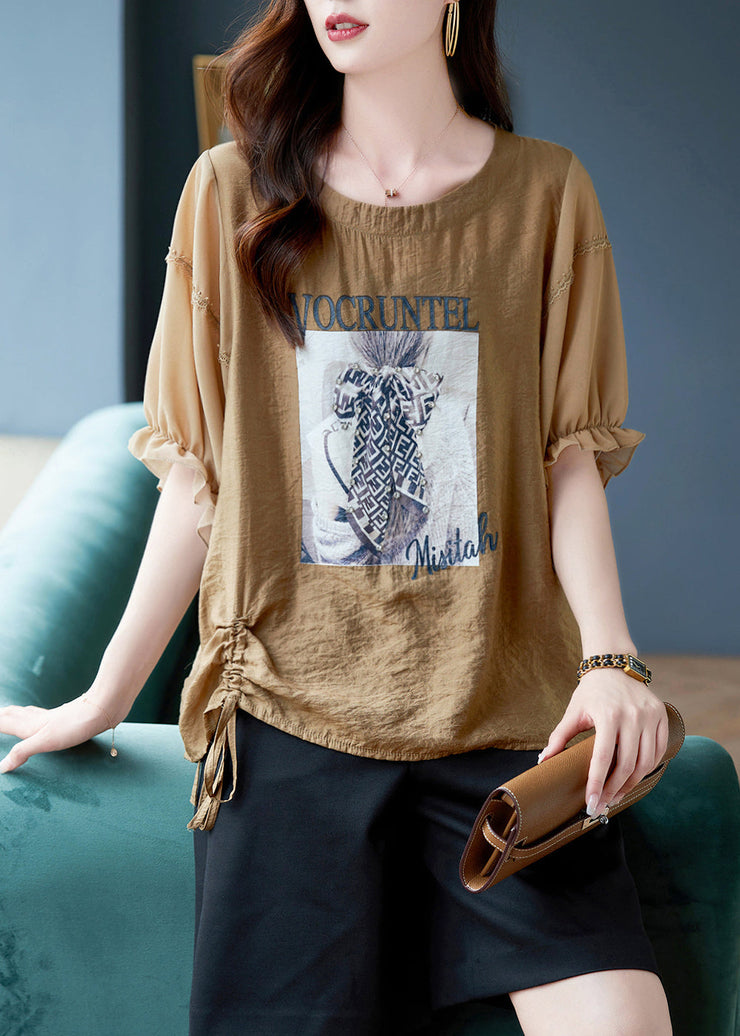 Boho Coffee O-Neck Print Drawstring Chiffon T Shirts Batwing Sleeve