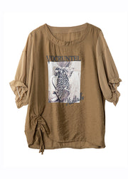 Boho Coffee O-Neck Print Drawstring Chiffon T Shirts Batwing Sleeve