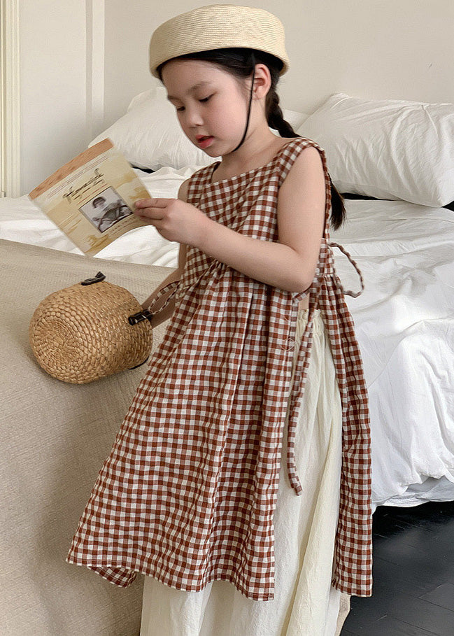 Boho Coffee Plaid Square Collar Side Open Tie Waist Cotton Kids Girls Long Dress Summer