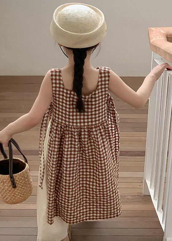 Boho Coffee Plaid Square Collar Side Open Tie Waist Cotton Kids Girls Long Dress Summer