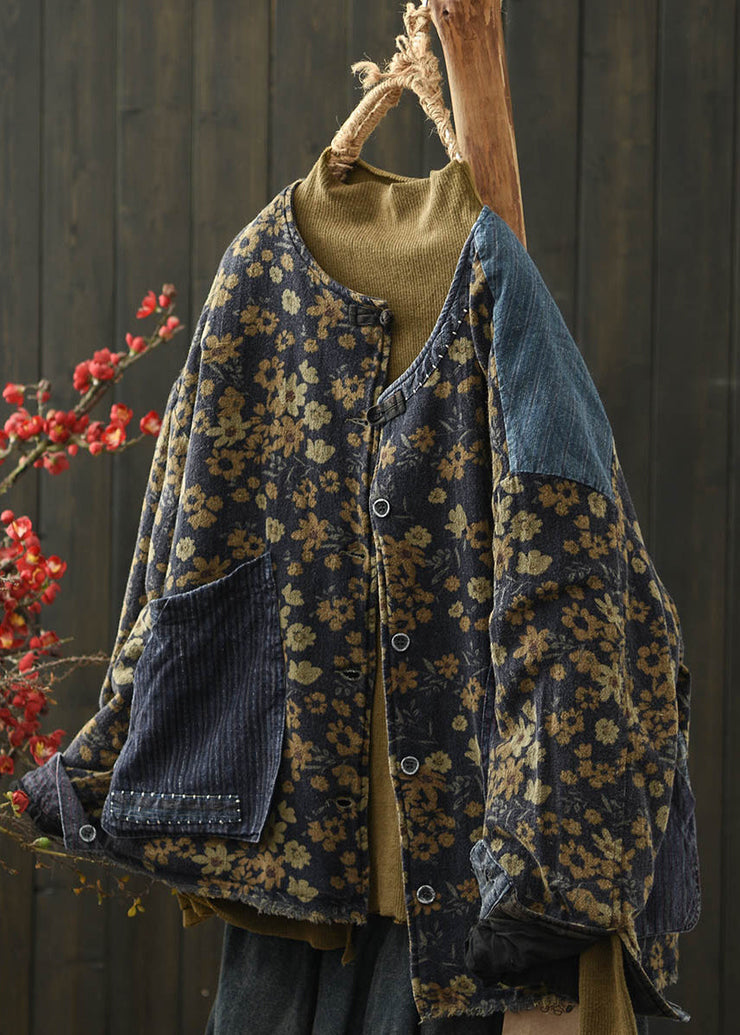 Boho Coffee Print Pockets Denim Patchwork Fine Cotton Filled Jacket Winter