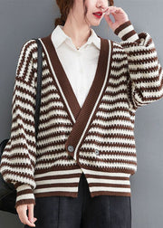 Boho Chocolate V Neck Striped Cozy Knit Coat Outwear Spring