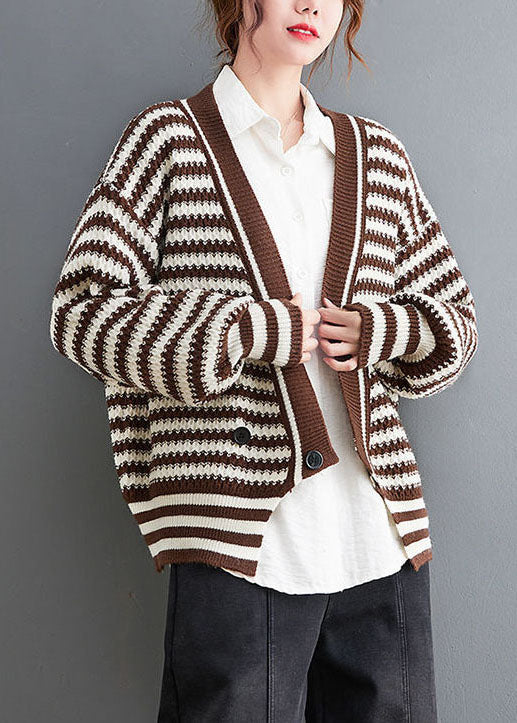 Boho Chocolate V Neck Striped Cozy Knit Coat Outwear Spring