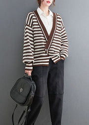 Boho Chocolate V Neck Striped Cozy Knit Coat Outwear Spring