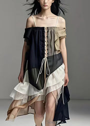 Boho Colorblock Asymmetrical Lace Up Patchwork Dress Summer