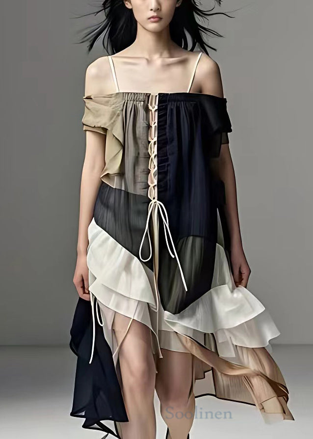 Boho Colorblock Asymmetrical Lace Up Patchwork Dress Summer