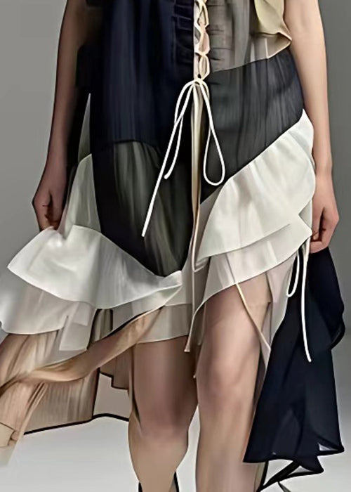 Boho Colorblock Asymmetrical Lace Up Patchwork Dress Summer