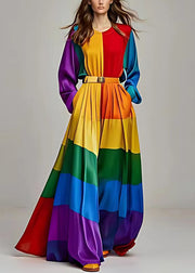 Boho Colorblock Asymmetrical Pockets Patchwork Silk Ankle Dress Long Sleeve
