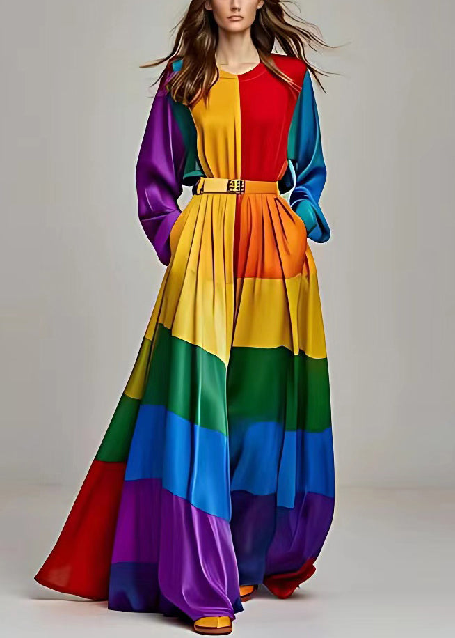 Boho Colorblock Asymmetrical Pockets Patchwork Silk Ankle Dress Long Sleeve