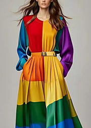 Boho Colorblock Asymmetrical Pockets Patchwork Silk Ankle Dress Long Sleeve