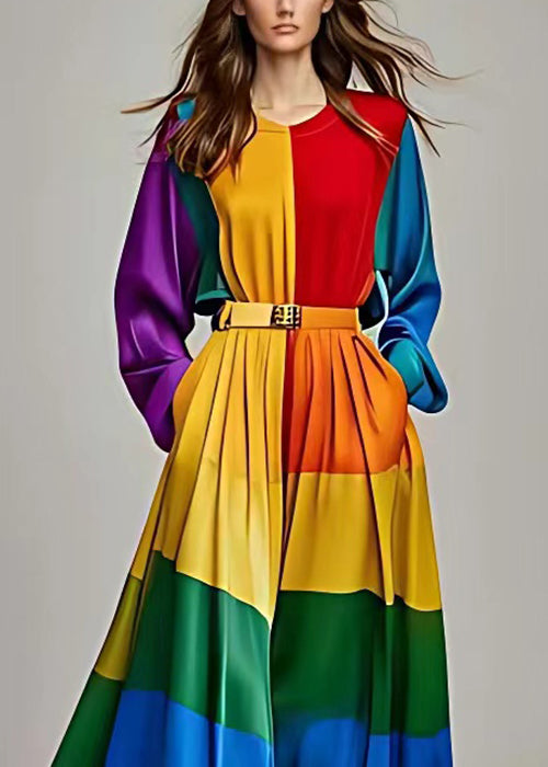 Boho Colorblock Asymmetrical Pockets Patchwork Silk Ankle Dress Long Sleeve