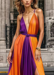 Boho Colorblock Cinched Patchwork Chiffon Spaghetti Strap Dress Summer