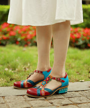 Boho Colorblock Embossed High Heels Splicing Chunky High Heels