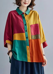 Boho Colorblock Peter Pan Collar Patchwork Linen Tops Bracelet Sleeve