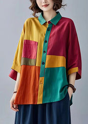 Boho Colorblock Peter Pan Collar Patchwork Linen Tops Bracelet Sleeve