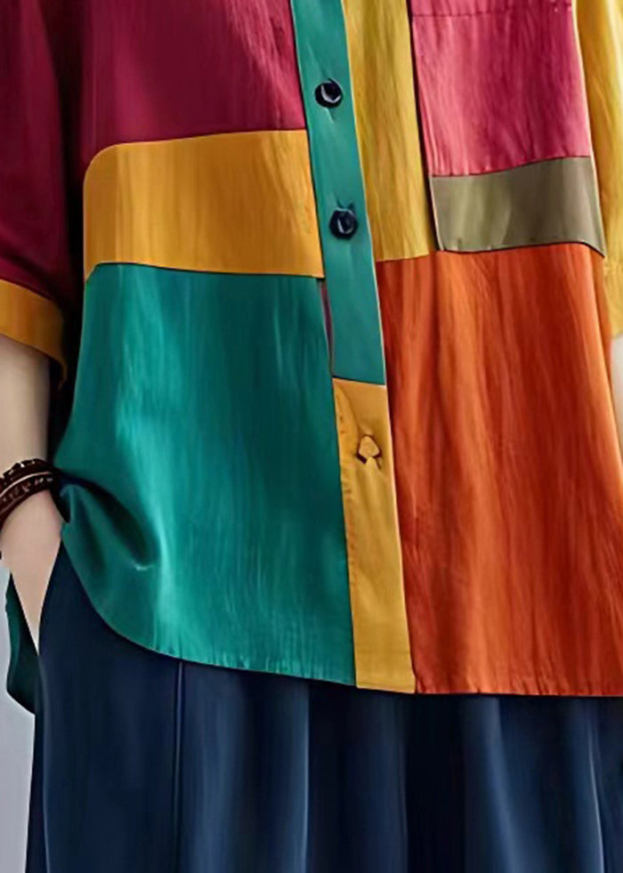 Boho Colorblock Peter Pan Collar Patchwork Linen Tops Bracelet Sleeve