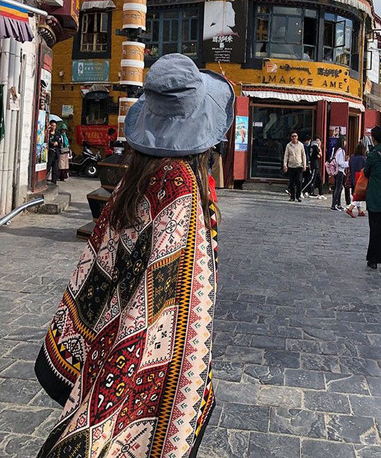 Boho Colorblock Tasseled Print Linen Shawl