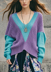 Boho Colorblock V Neck Patchwork Knit Cozy Sweater Tops Fall