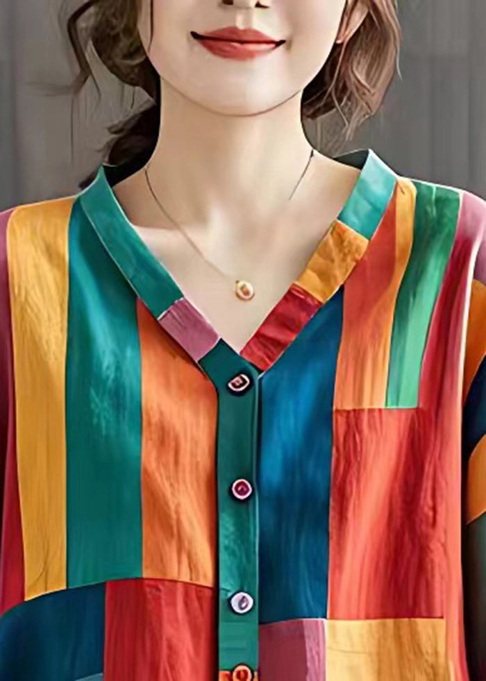 Boho Colorblock V Neck Striped Linen Blouse Top Summer