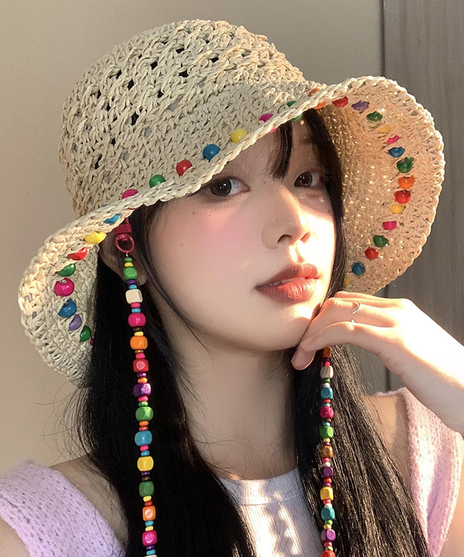 Boho Colorful Wooden Bead Hollowed Out Large Brim Sun Hat