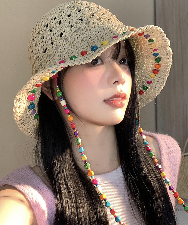 Boho Colorful Wooden Bead Hollowed Out Large Brim Sun Hat