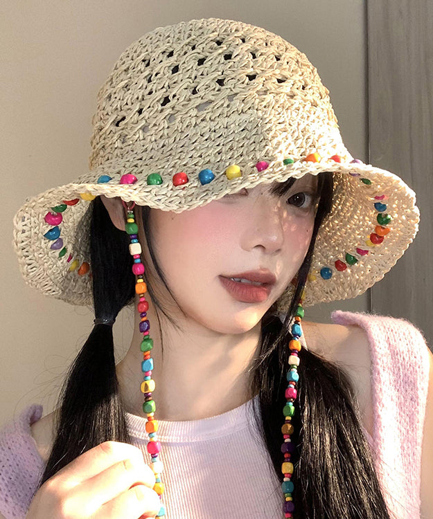 Boho Colorful Wooden Bead Hollowed Out Large Brim Sun Hat