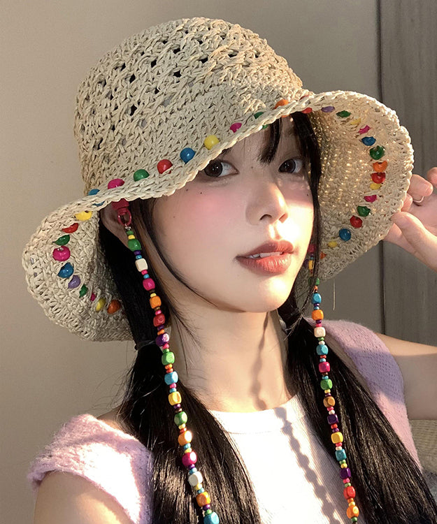 Boho Colorful Wooden Bead Hollowed Out Large Brim Sun Hat