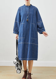 Boho Dark Blue Oversized Patchwork Cotton Vacation Dresses Fall