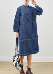 Boho Dark Blue Oversized Patchwork Cotton Vacation Dresses Fall