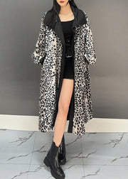 Boho Dark Grey Leopard Patchwork Pockets Long Trench Coat Spring